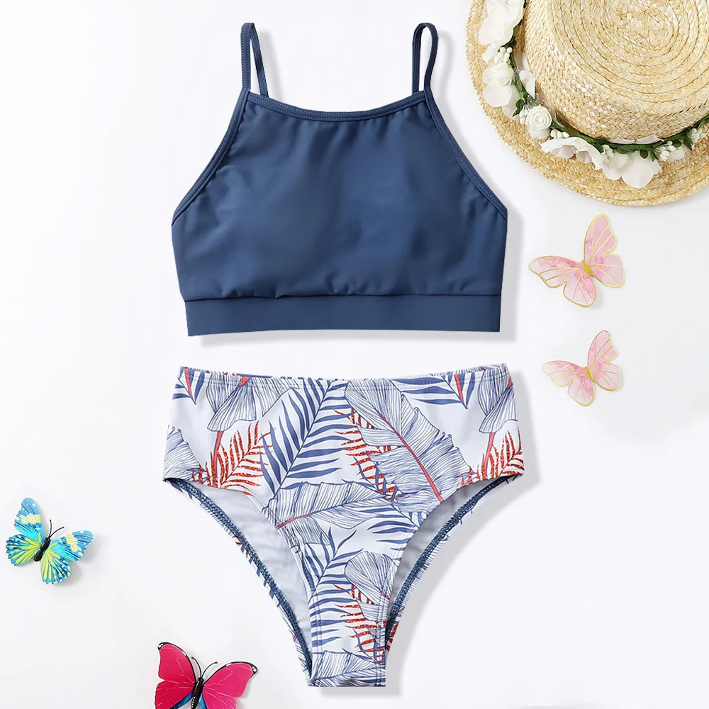 Tropical Leaf Print Girl Swimsuit Kids High Neck Bikini Set 7-14 Years ...