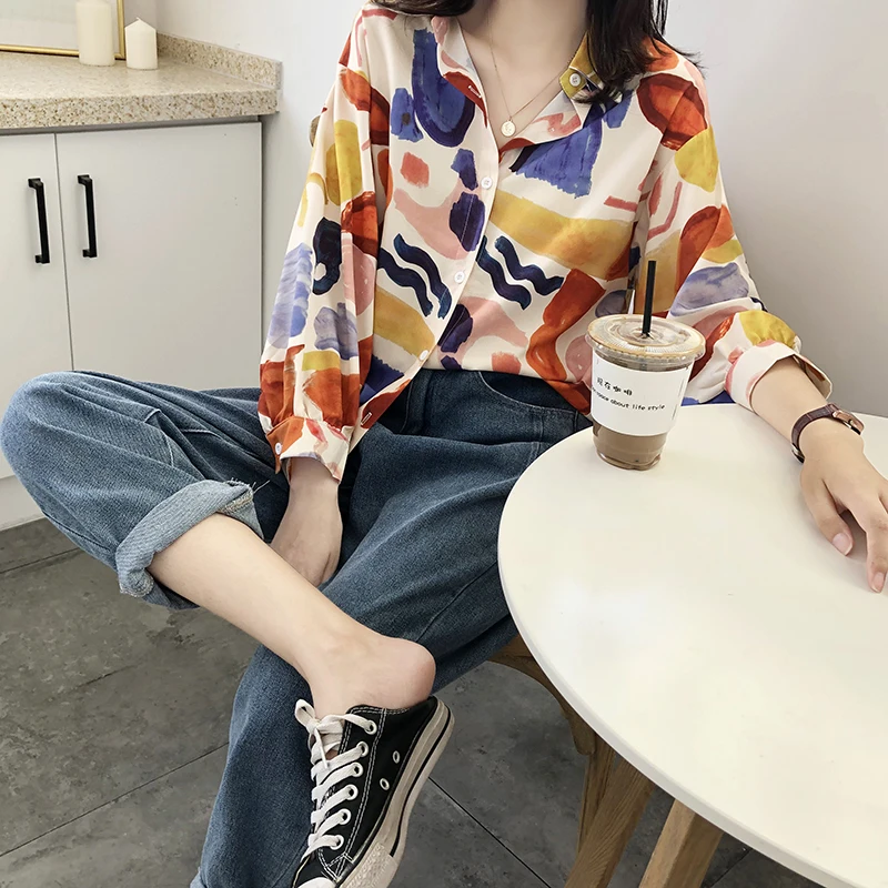 НОВАЯ шикарная женская блузка с принтом 2019 осень картина маслом ретро рубашки