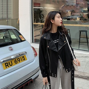 

Silver Black PU Leater Jacket Women Moto Biker Zipper Jacket Belt Waist Short Windbreaker Autumn Winter Outwear Oversized V549
