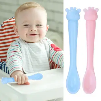 

Baby Silicone Spoons Blue Pink Anti Slide Handle Soft Kid Training Tableware Cartoon Children Learning Flatware Accessories