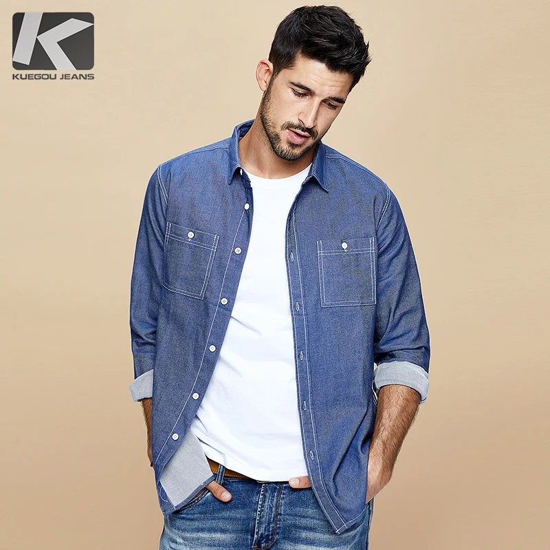 

KUEGOU 2019 Autumn 100% Cotton Print Letter Shirt Men Dress Casual Slim Fit Long Sleeve For Male Wear Fashion Brand Blouse 6769