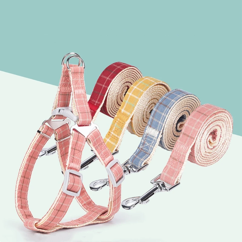 

Pet Leash Dog Chain Two-color Lattice Nylon Material Chest Back Traction Rope Four Seasons Dog Collar Seat Belt Collar for Cats
