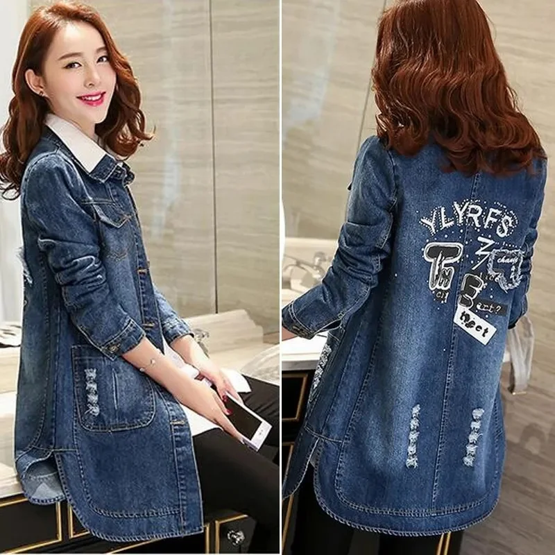 5XL Women Denim Jacket Spring Autumn Mid-Length Loose Long Sleeved Jackets Windbreaker Female Long Denim Coat 472