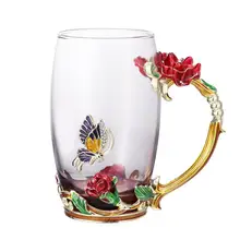 Цветной эмалированный стакан для воды цветочный чайный стакан роза украшение кофейная кружка с ручкой и ложкой Высокая чашка(случайный цвет ложки