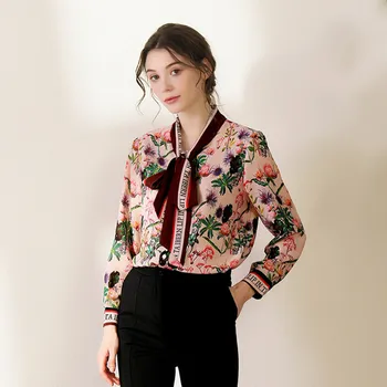 

Print Chiffon Women Shirts Blouses Net Red Fashion Ribbon Collar Long Sleeve Blouse Female Work Wear Shirt Womens Summer Tops