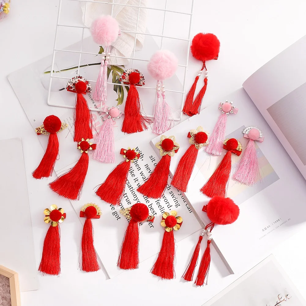 Fluffy Hair Ball Dangle Headwear for Girl Daughter Red Lucky Long Tassel Sun Flower Child Drop Hairwear Happy New Year Gift