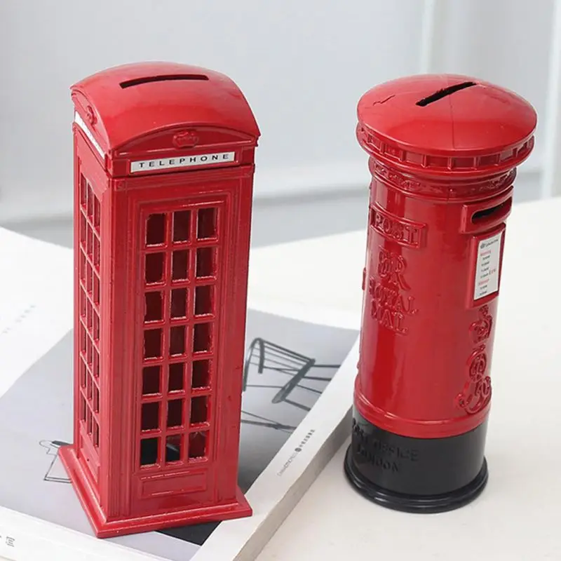 Vintage British Telephone Booth Money Box Wrought Iron Red  Postbox Piggy Bank For Girl Creative Gift Decoration Save Money Tool