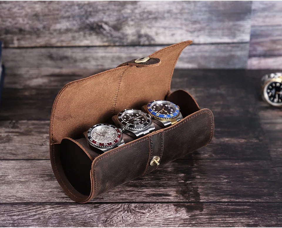 Vintage Round Leather Watch Box - 1 to 3 Slots