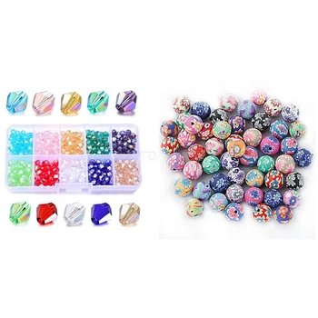 

50 Pcs Clay Beads Diy Clay Beads Floral Artisan Rounds 10 Mm & 400Pcs Romantic Jewelry Crystal Glass Beads