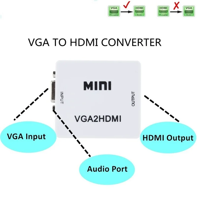 Portable Mini VGA to HDMI-compatible Converter VGA2HDMI Video Box Audio Adapter 1080P Notebook PC HDTV Projector TV VGA2HDMI