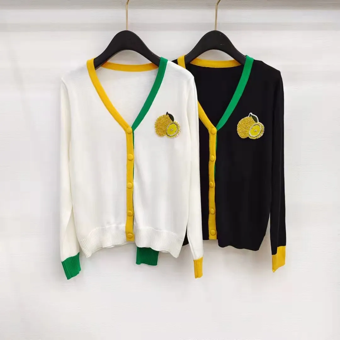 

Fashion Cardigan Women Contrast Asymmetric V-neck Embroidery Beaded Lemon Knitted Cardigan 2021 Autumn Cardigan Sweater Tops