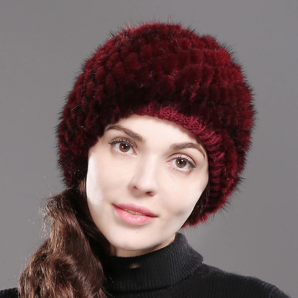 Новая женская вязаная меховая шапка из натуральной норки ручной работы для русской зимы, теплые женские шапки из натурального меха норки, хорошие эластичные шапки из меха норки