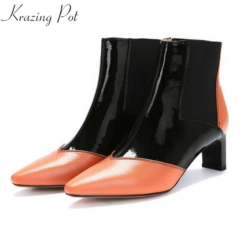 

krazing pot natural leather superstar Chelsea boots streetwear mixed color pointed toe patent leatehr high heel ankle boots L90