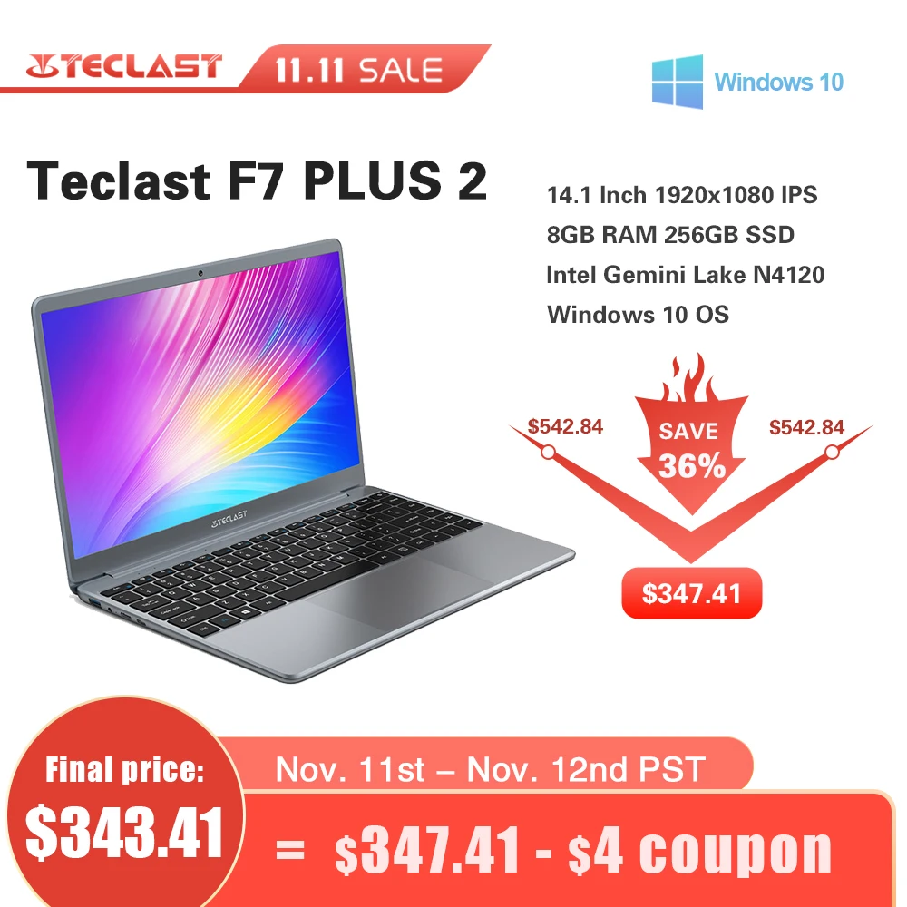 Laptop Teclast F7 Plus 2 Window 10 1920×1080 Intel Gemini Lake N4120 14.1 Inch 8GB RAM 256GB SSD Ac Dual-Band WiFi Notebook