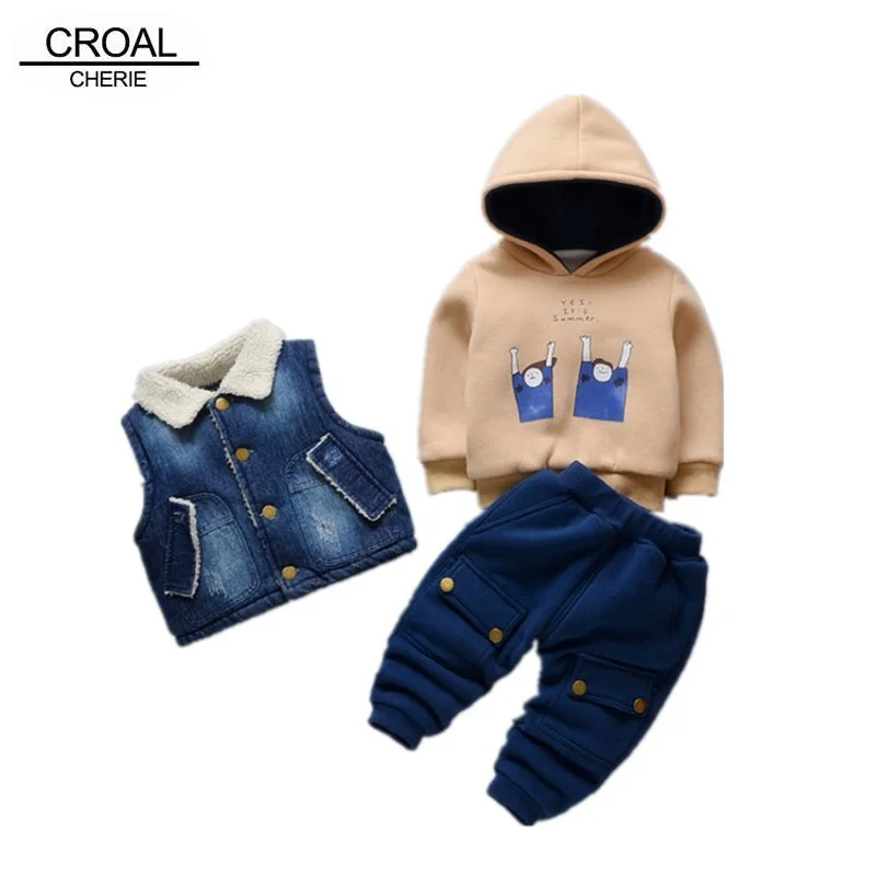 CROAL CHERIE/теплые флисовые комплекты одежды для мальчиков из 3 предметов осенне-зимняя утепленная одежда для маленьких девочек джинсовый жилет+ штаны+ топы