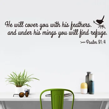 

1PC Non-toxic DIY Christian Removable Peel and Stick Bible Verse Vinyl He Will Cover You With His Feathers Wall Stickers