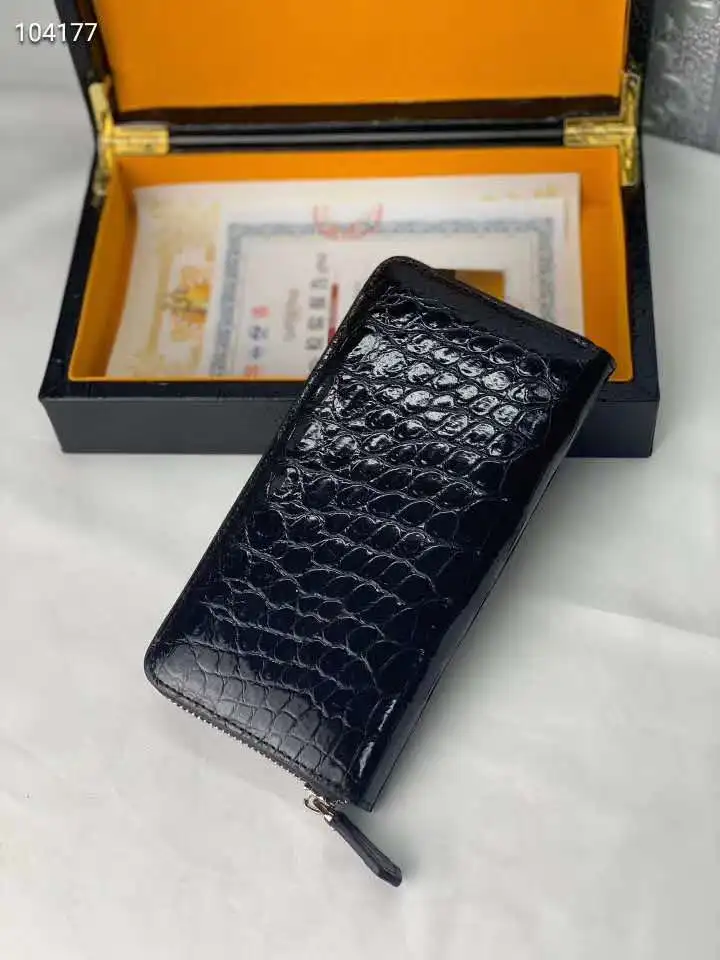 

High glossy shinny genuine crocodile belly skin wallet clutch with inner cow skin lining black color long zipper wallet purse