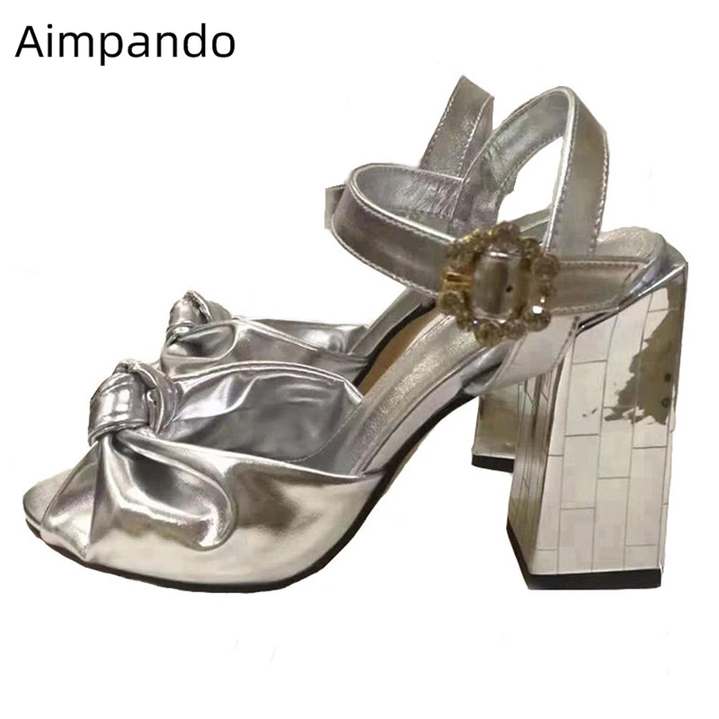 

2020 New Design Chunky Heel Gladiator Sandals Women Ankle Strap Peep Toe Gold Bowknot Silver Square Heel Rhinestone Summer Shoes