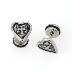 Unisex  Punk Rock Heart Shape Stud Earrings Stainless Steel Gothic Cross Earrings for Men Women