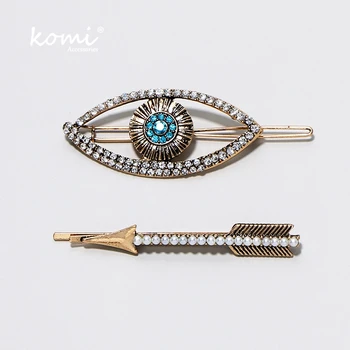 

KOMi Boho Shiny Eye Rhinestone Pearl Beaded Hair Clip Set Evil Eye Arrow Sweet Hand Knit Girl Daily Hair Accessories K2185