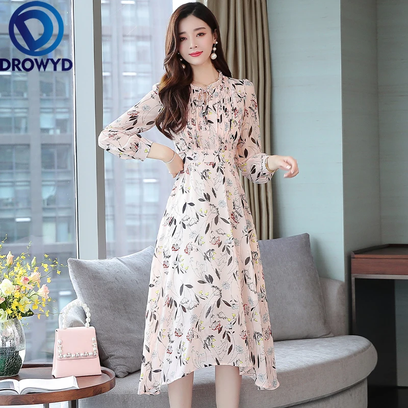 

Chiffon Printed Pleated Midi Dress for Women Autumn Casual Long Sleeve Pink Floral Dress Fashion Street Party Dresses Vestidos