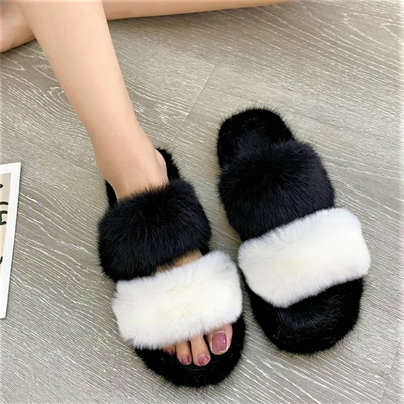 

2020 Winter Women House Furry Slippers Sexy Sandals Faux Fur Warm Shoes Panda Flats Female Home Slides Black Anime Plush Slipper