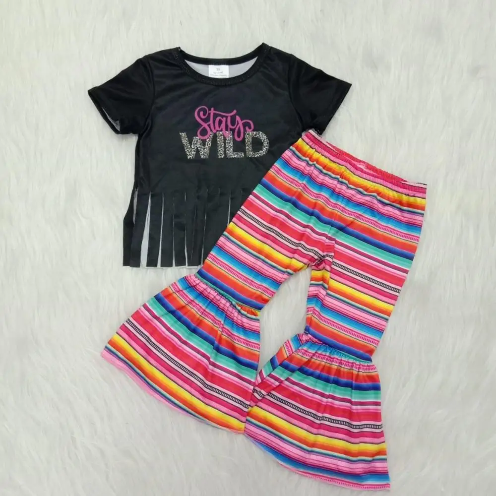 

Kids Clothing Baby Girl Outfit Wild Black Tasse T-shirt Serape Bell Pants Milk Silk Girls Clothes For Spring
