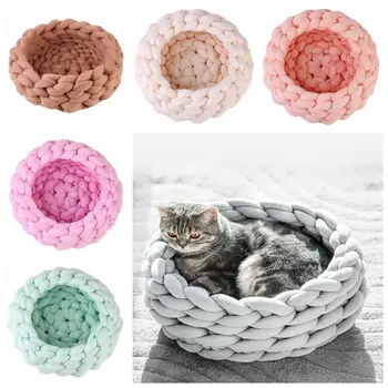 

Handmade Knit Cat Beds Mats Warm Soft Small Dogs Kennel Puppy Kitten Cave Basket Sleeping Bag Detachable DIY Pet House