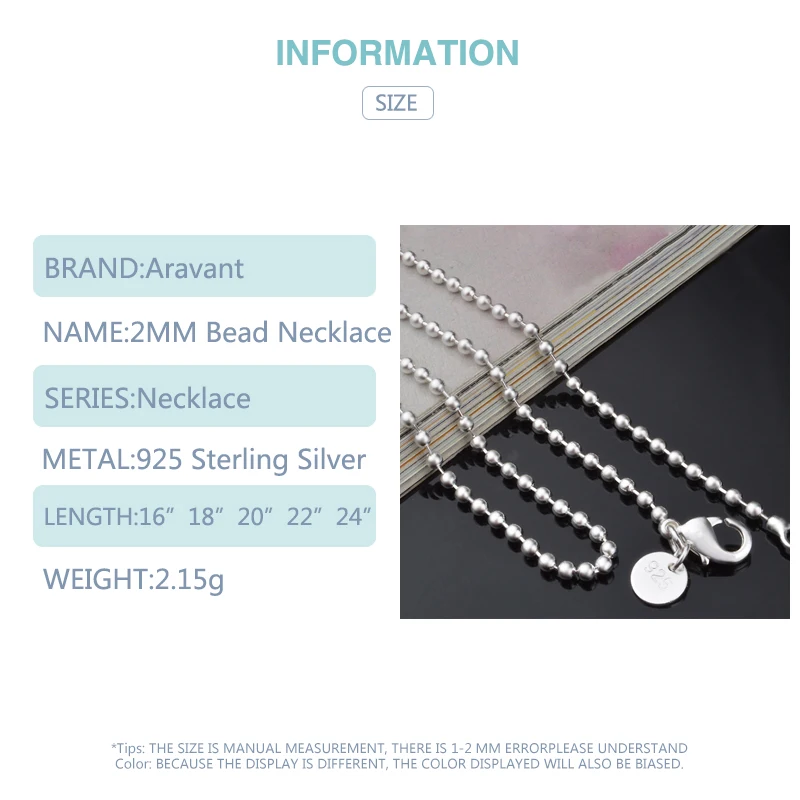 Silver Necklace 925 Silver 2MM Bead Chain For Women Fashion Jewelry Gift