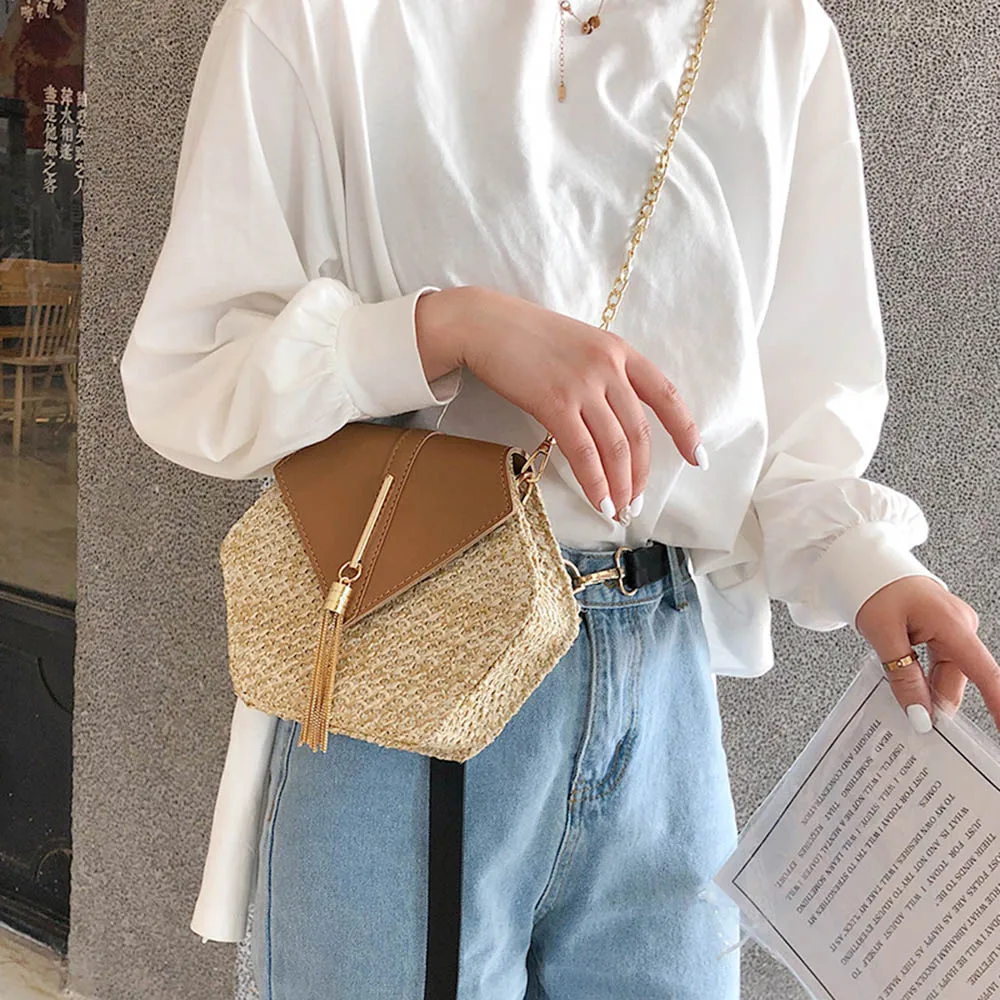 

Women Woven Wallet Summer Straw Leather Shoulder Bag Handmade Wallets Beach Circle Bohemia Money Purse Card Holder Organizer