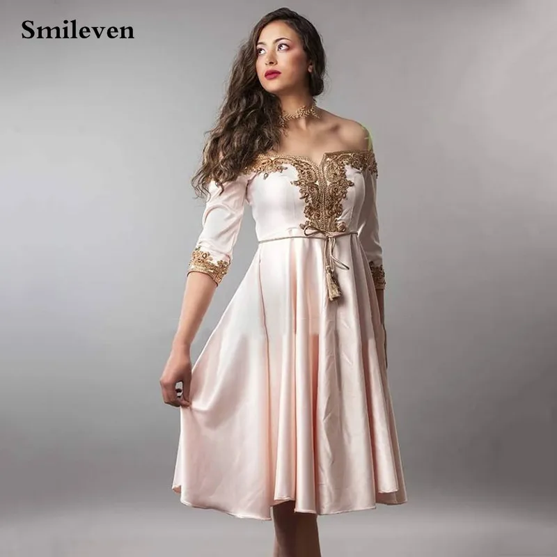 

Smileven Nude Pink Short Moroccan Caftan Evening Dress Off The Shoulder Beaded Lace Special Occasion Dresses Formal Party Gown