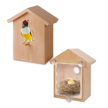 

Bird's Nest Bird House With Suction Cup Creative Wooden Outdoor Birdhouse Garden Decoration Supplies O