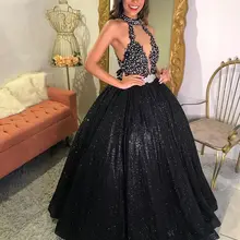 Черное бальное платье с блестками, бальное платье, расшитое бисером, сексуальное платье с открытой спиной и высоким воротом для девочек, милые платья для девочек 16 лет, платья для дня рождения 15 лет
