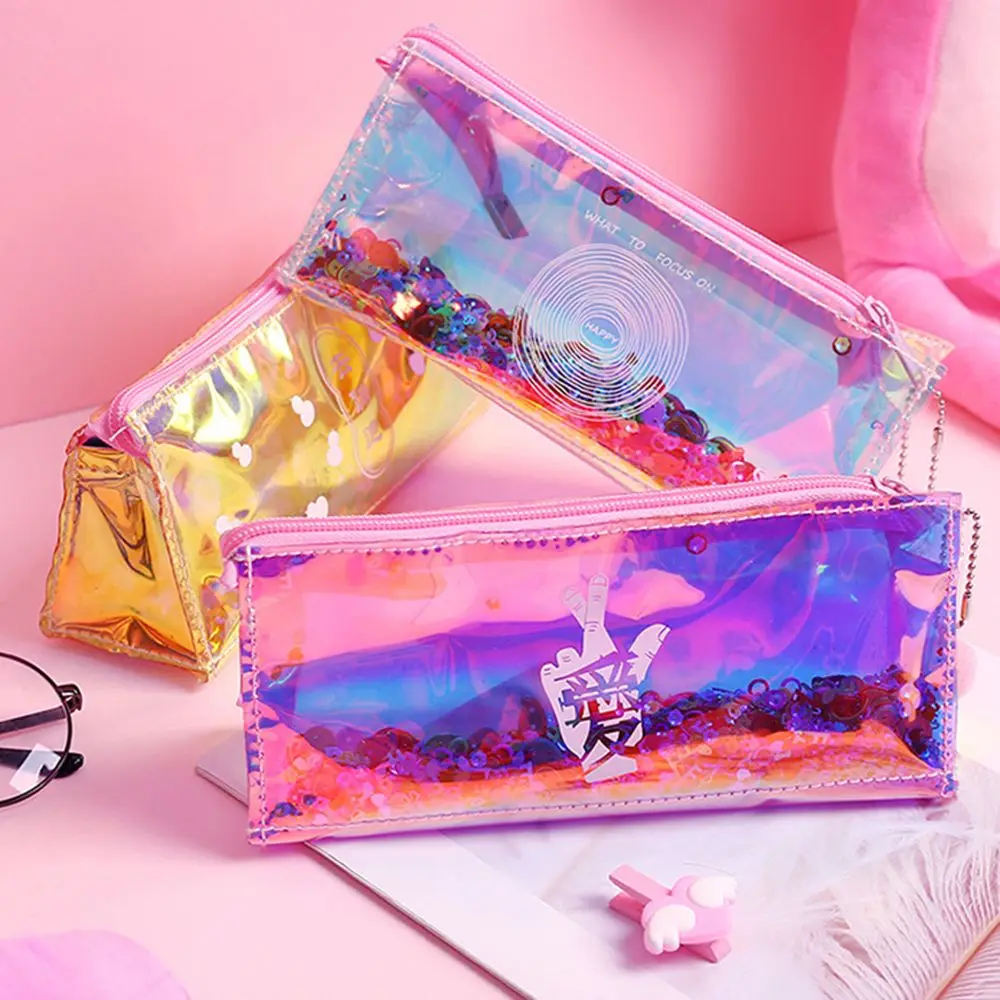 

1pcs Cute Kawaii Girl Heart Laser Pencil Bag Simple Transparent Pencil Bag Stationery Box Case School Supplies Kids Gift