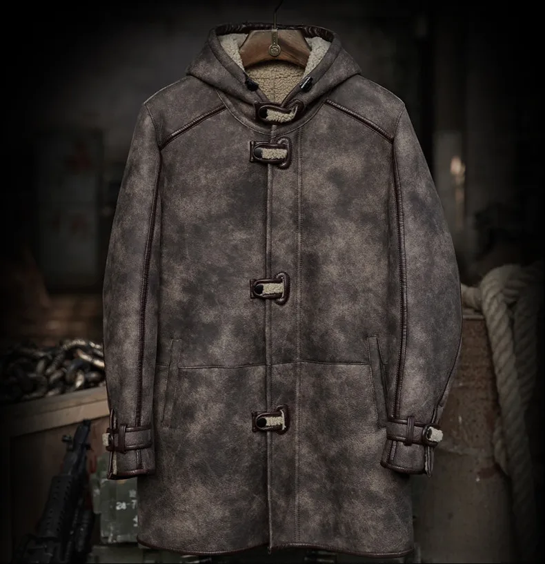 Куртка из натуральной кожи мужская куртка из натуральной кожи Ретро Винтажные шубы из овчины средней длины с капюшоном Мужские кожаные куртки