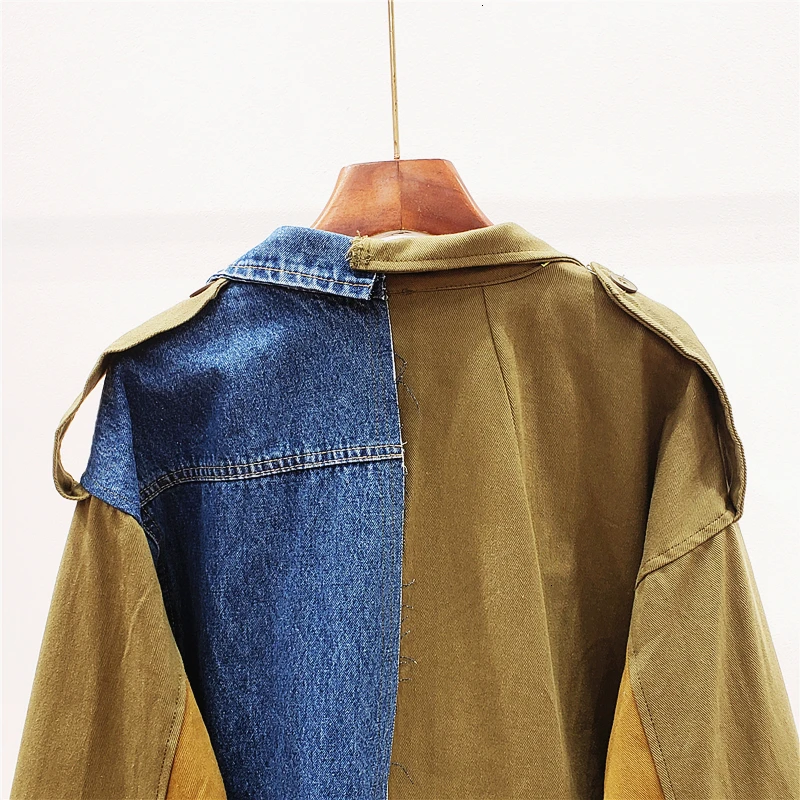 DEAT Осень Новая мода дикая свободная строчка синий хаки Лоскутная джинсовая куртка для женщин MG740