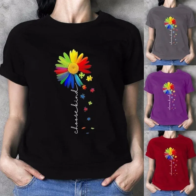 

Colorful Sunflower Letter Print T Shirt Women Short Sleeve O Neck Loose Tshirt Summer Women Tee Shirt Tops Camisetas Mujer