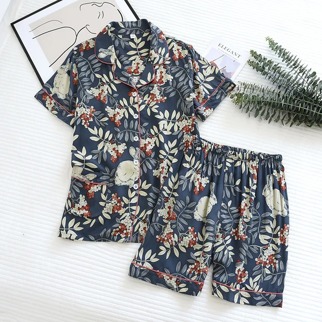 summer new women's pajamas thin section short-sleeved shorts large floral print pajamas home service ladies pajamas for women 05