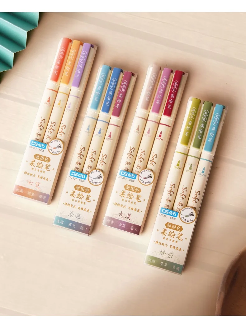 3pcs New Retro Color Art Marker Drawing Pens Set Soft Brush Tip Original Design Calligraphy Lettering Painting School A6335