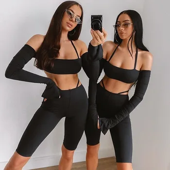 

Black Sexy Halter Two Piece Set Long Sleeve Crop Top Biker Shorts Women Fitness Tracksuit Elastic Active Wear Outfits Set