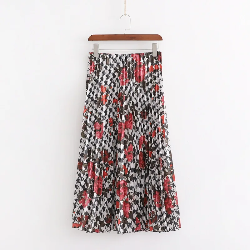 

Western Style 2019 Autumn New Style WOMEN'S Dress-Style Retro Flower Printed High-waisted Mid-length Pleated Skirt Skirt