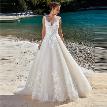 

Sheer Lace Appliques Wedding Dresses Natural Waistline Buttons Back Bridal Gowns Custom Made Robe De Mariage Formal Garden