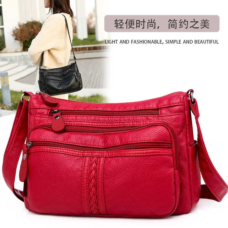

Korean-style Washed Leather Middle-aged WOMEN'S Bag Soft Leather Shoulder Bag Fashion Weaving Lace Shoulder Mommy Bag Versatile