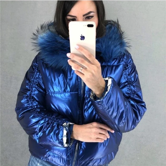 Пальто с капюшоном теплое зимнее пальто для женщин короткое яркое кожаное розовое хлопковое пальто парки Женская зимняя куртка женская парка меховой воротник XL