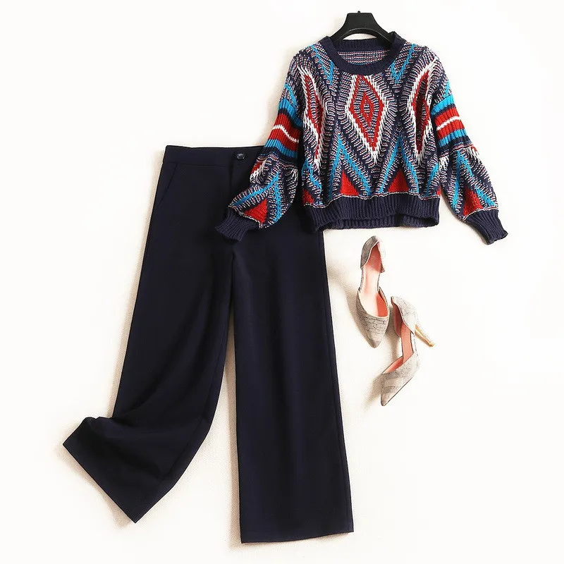 Высокая уличная мода, женские штаны, комплект из 2 предметов, новинка, Осень-зима, одежда, геометрический пуловер, свободный свитер+ широкие штаны, наборы