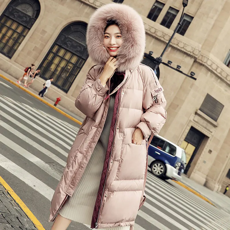 Bella Philosophy Wonder NEW Winter Real Raccoon Fur Hooded White Duck Down Coat pink Solid Thick Warm Loose Female Parkas