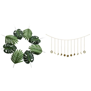 

1 Set Gold Shining Moon Phase Retro Style Moon Hang with 30 Pcs 2 Kinds Large Artificial Palm Leaves Tropical Plant