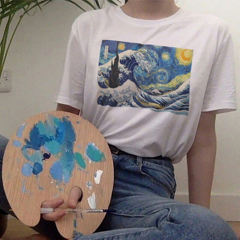 

Ukiyoe Vincent Van Gogh Print Tshirt Harajuku Aesthetic Clothes Women Short Sleeve Tee Art Top Vintage Japanese Style Streetwear