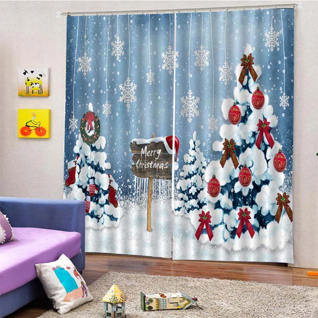 2pc/Set Darkening Window Curtain Drape Valance - Christmas Theme - Fit Most Standard Rod - Home Office Bedroom Bathroom