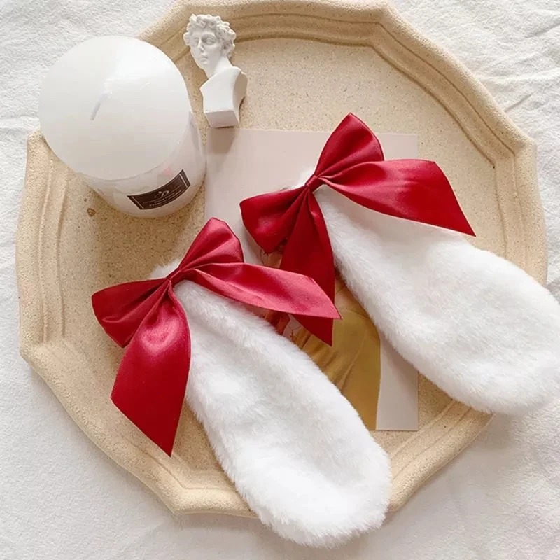 14 Colors Kawaii Women Girls Rabbit Bunny Plush Lop Ears Hair Clips Candy Color Ribbon Bowknot Lolita Cosplay Hair Accessories